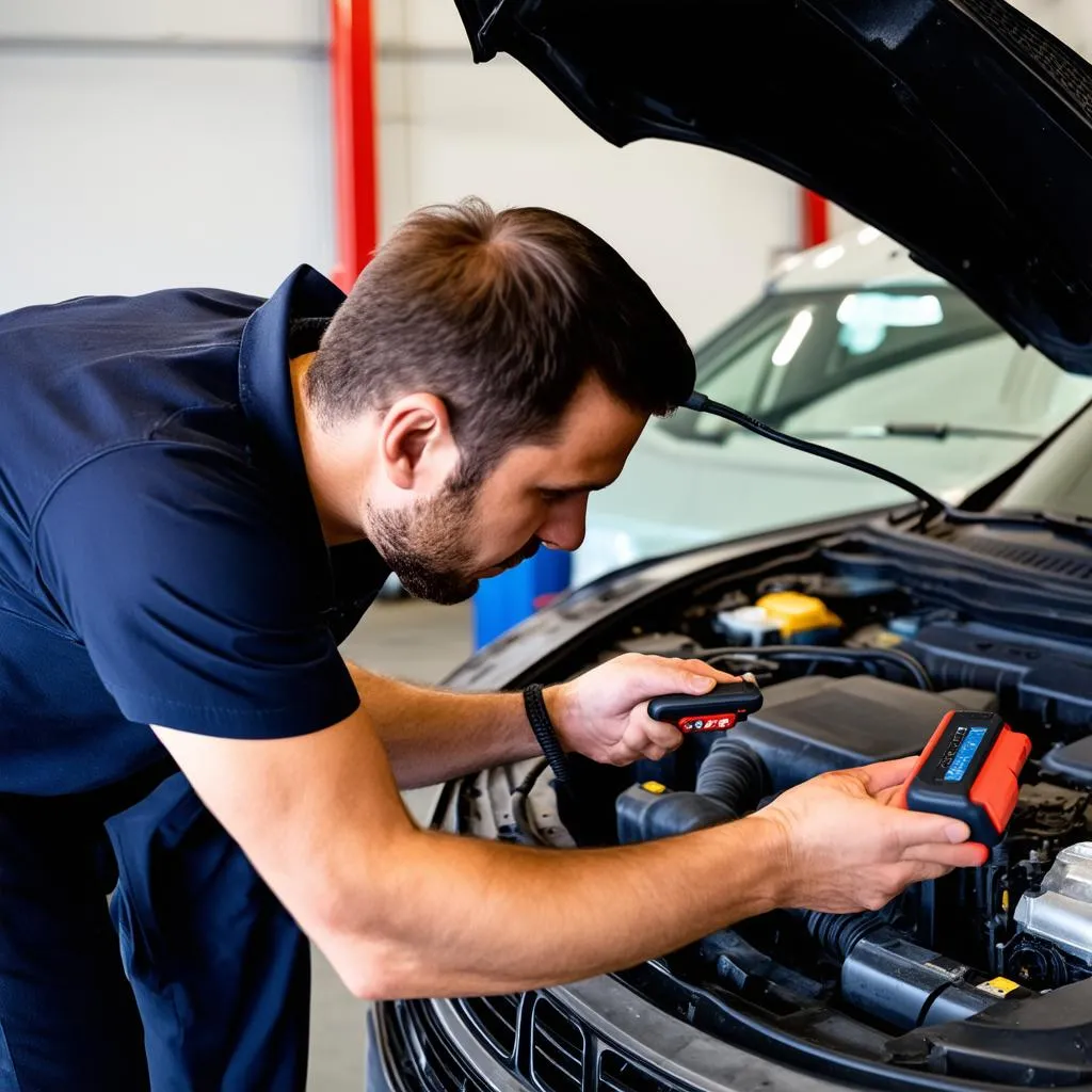 Car mechanic using a professional diagnostic tool plugged into a car's OBD port